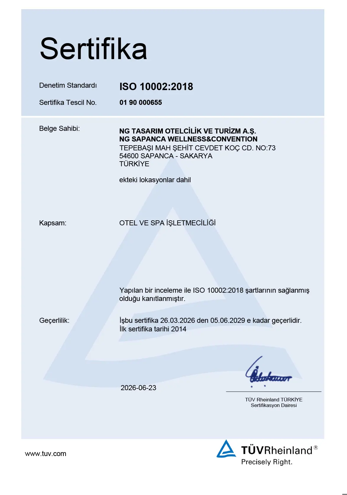 Ng Sapanca Iso Sertifikasi 10002